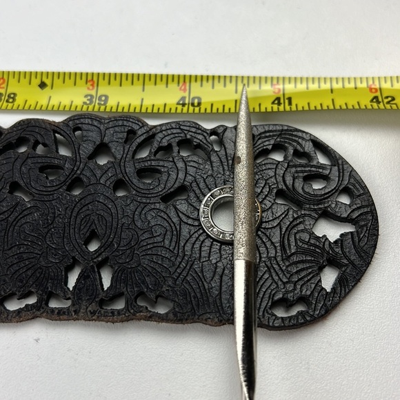 Black Leather Laser Cut-out Belt with Hammered Silver Buckle - Picture 8 of 10